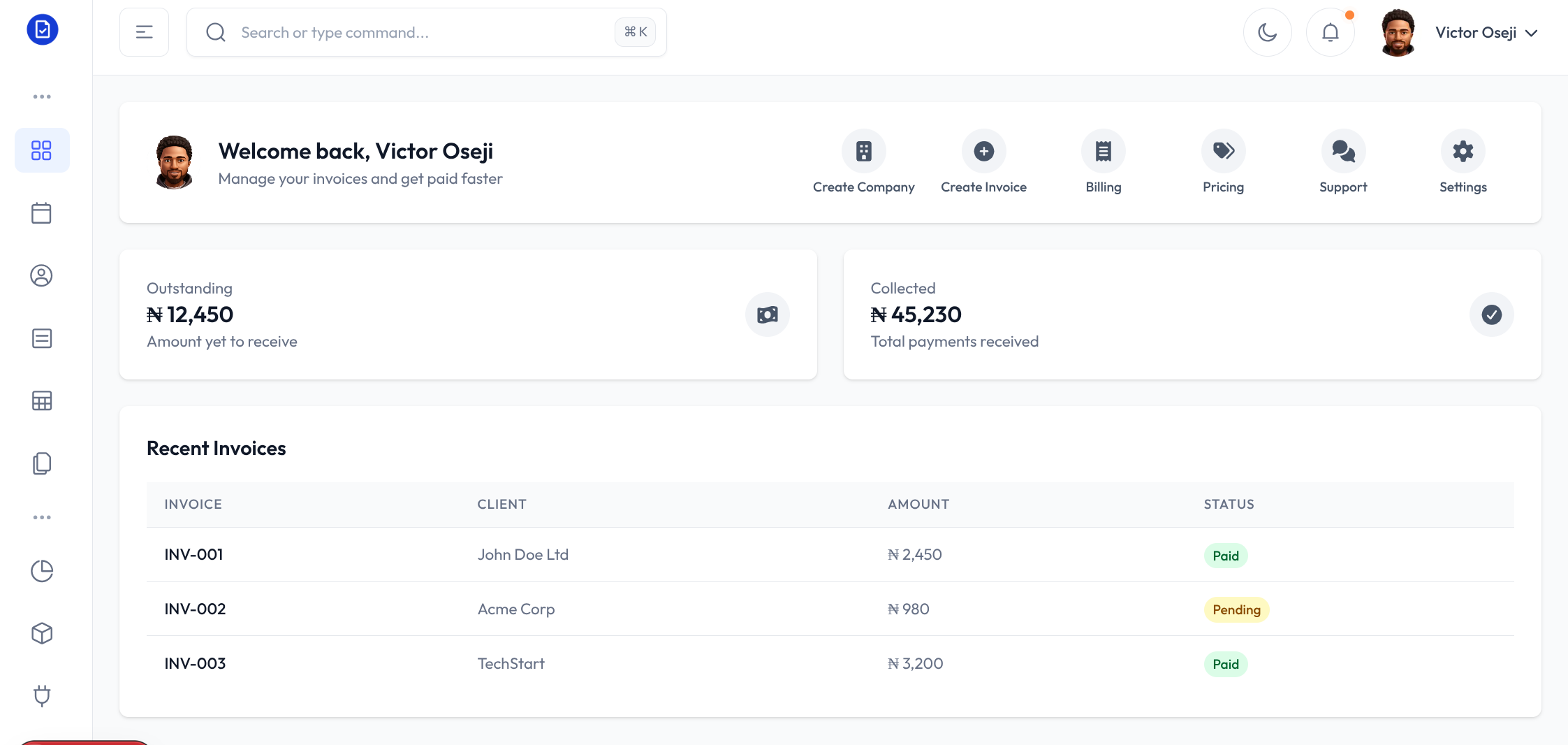 ClickInvoice dashboard showing invoices and payments